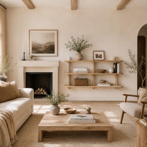 Wide interior view showing the wall shelf naturally integrated into a Scandinavian-inspired home.