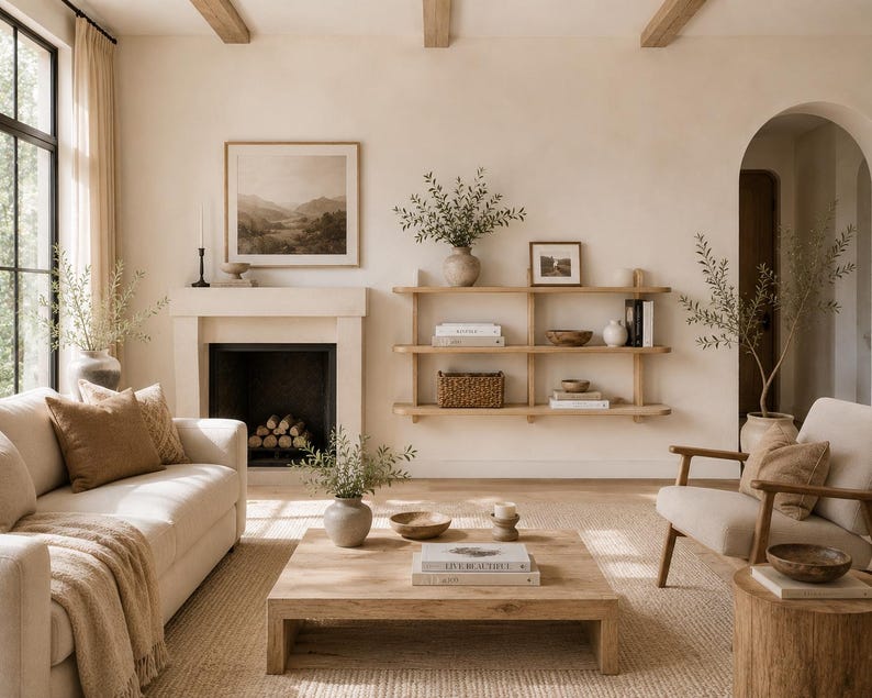 Wide interior view showing the wall shelf naturally integrated into a Scandinavian-inspired home.