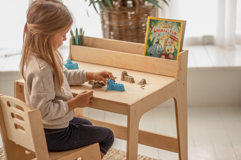 Preschool Learning Set: table with Bookshelf and chair, Activity Table for Kids, Toddler play table, Nursery Montessori furniture NO Personalization