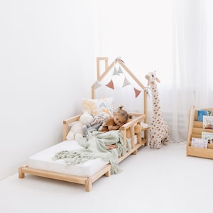 Toddler Floor Bed, Montessori furniture, House Bed Frame, Nursery playroom decor, Kid Bedroom Furniture, Wooden Baby Bed, Indoor playhouse