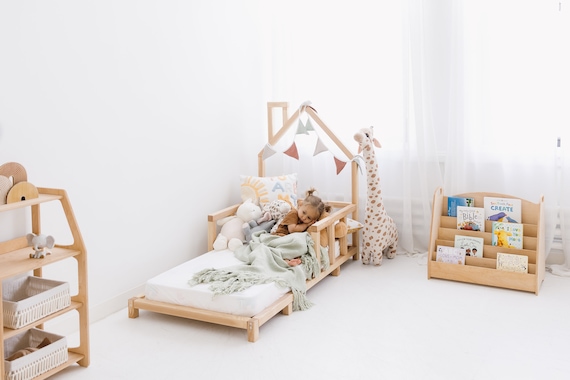 Toddler Floor Bed, Montessori furniture, House Bed Frame, Nursery playroom decor, Kid Bedroom Furniture, Wooden Baby Bed, Indoor playhouse