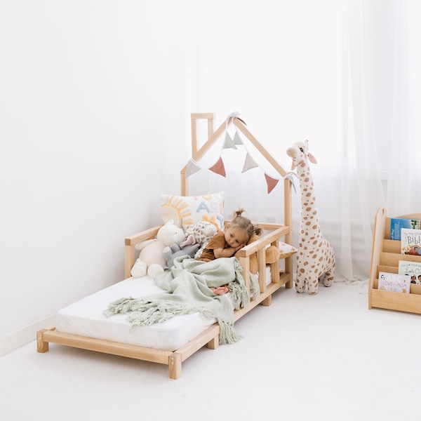 Toddler Floor Bed, Montessori furniture, House Bed Frame, Nursery playroom decor, Kid Bedroom Furniture, Wooden Baby Bed, Indoor playhouse