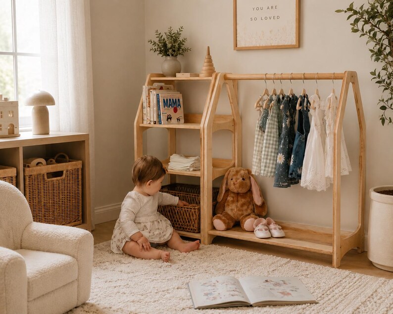 K&ouml;nnte beinhalten: Ein helles, h&ouml;lzernes Kinderkleiderst&auml;nder- und Regalm&ouml;belst&uuml;ck mit A-f&ouml;rmigem Design. Das M&ouml;belst&uuml;ck verf&uuml;gt &uuml;ber drei offene Regalb&ouml;den f&uuml;r B&uuml;cher und Aufbewahrungsk&ouml;rbe, eine Kleiderstange mit mehreren kleinen Kleidungsst&uuml;cken und eine Ablage.
