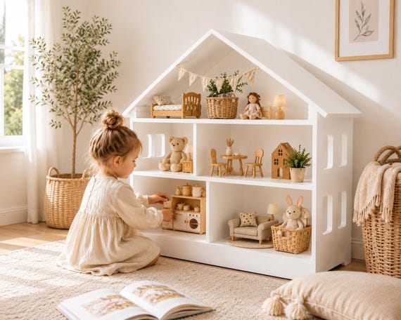 Montessori Dollhouse Bookshelf for Toddlers – Wooden Toy Storage Shelf for Playrooms