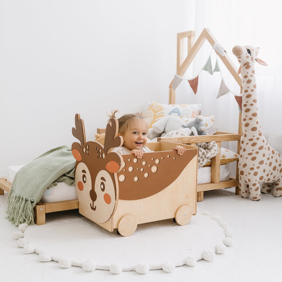 Wooden Box on Wheels, Baby and Toddler Toys Storage, Montessori Furniture, Woodland Nursery, Cow