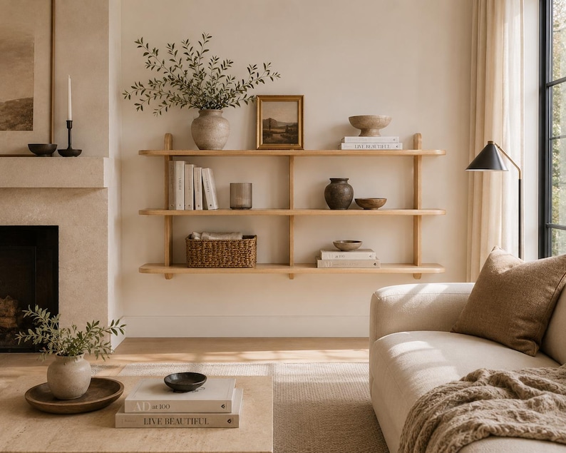 Wall shelf displaying books, decorative objects, and everyday storage to demonstrate practical capacity.