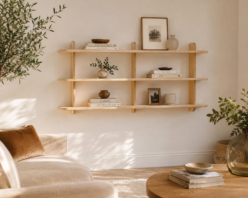 Handcrafted birch plywood wall shelf shown on a clean white background, available in small and large sizes.