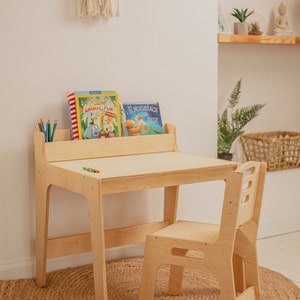 Preschool Learning Set: table with Bookshelf and chair, Activity Table for Kids, Toddler play table, Nursery Montessori furniture image 2