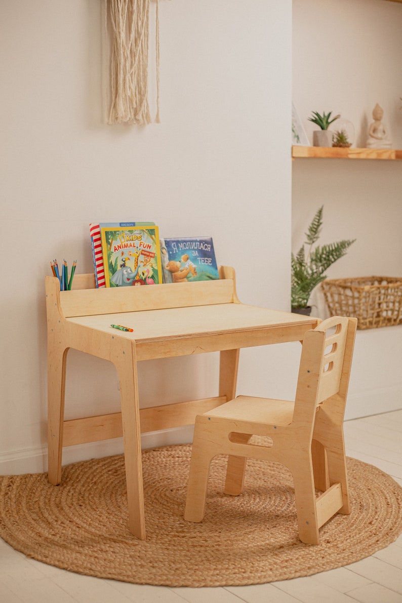 Preschool Learning Set: table with Bookshelf and chair, Activity Table for Kids, Toddler play table, Nursery Montessori furniture image 2