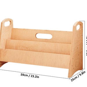 May include: A wooden book shelf with three shelves and two handles. The shelf is 23.2 inches wide, 9.8 inches deep, and 14.8 inches tall.