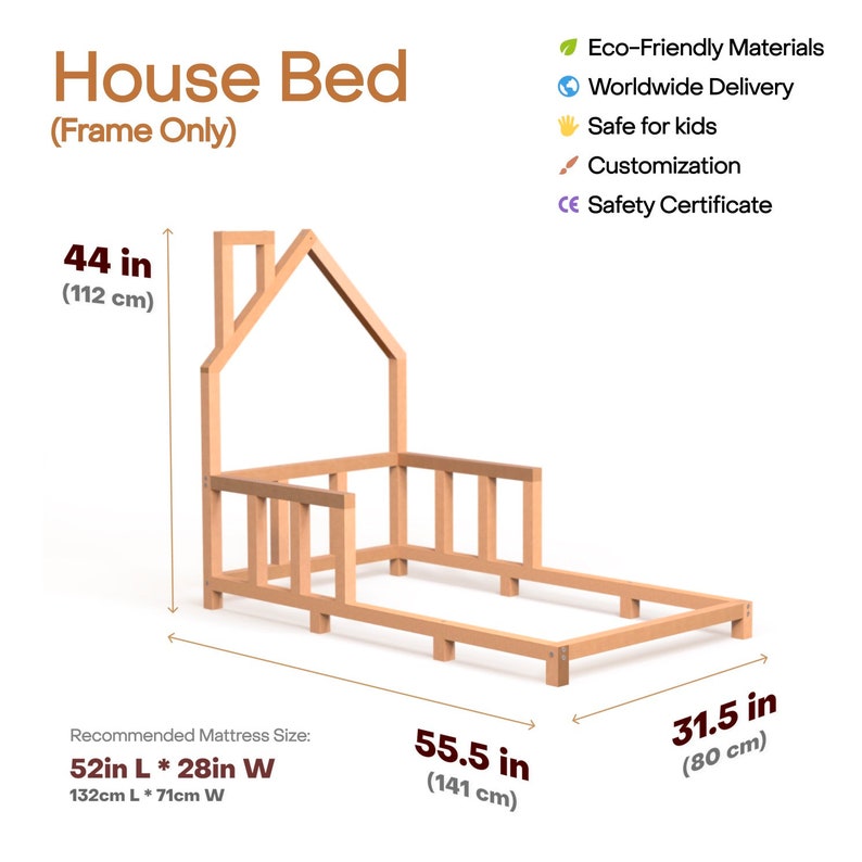 K&ouml;nnte beinhalten: Holzbettgestell in Hausform mit einer H&ouml;he von 112 cm, einer L&auml;nge von 141 cm und einer Breite von 80 cm. Das Gestell ist aus Naturholz gefertigt und hat ein schlichtes Design. Die empfohlene Matratzengr&ouml;&szlig;e betr&auml;gt 132 cm L&auml;nge und 71 cm Breite.