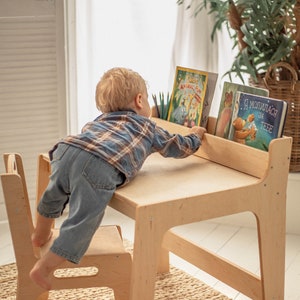 Preschool Learning Set: table with Bookshelf and chair, Activity Table for Kids, Toddler play table, Nursery Montessori furniture image 7