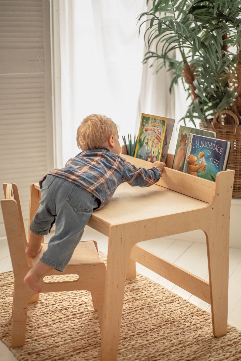 Preschool Learning Set: table with Bookshelf and chair, Activity Table for Kids, Toddler play table, Nursery Montessori furniture image 7