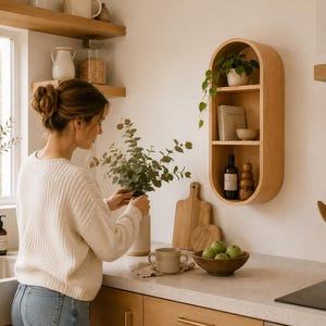 May include: A woman arranging greenery in a cream-colored vase on a kitchen countertop. The kitchen features wooden shelves, a wooden wall-mounted shelf, and a wooden bowl filled with green apples. A mug and cutting boards are also visible.