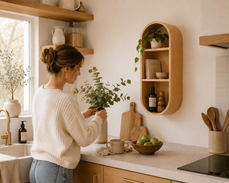 May include: A woman arranging greenery in a cream-colored vase on a kitchen countertop. The kitchen features wooden shelves, a wooden wall-mounted shelf, and a wooden bowl filled with green apples. A mug and cutting boards are also visible.
