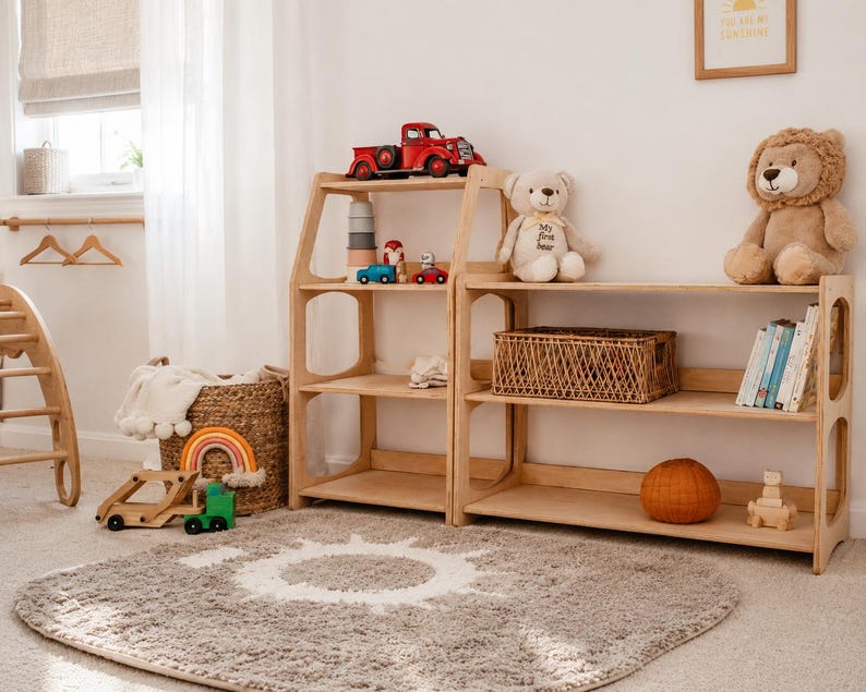 K&ouml;nnte beinhalten: Zwei helle Holzregale mit mehreren Ebenen, die verschiedene Spielzeuge enthalten, darunter ein roter Lastwagen, ein Teddyb&auml;r, ein Pl&uuml;schl&ouml;we und ein geflochtener Korb. Die Regale stehen nebeneinander und pr&auml;sentieren B&uuml;cher und kleine Holzspielzeuge.