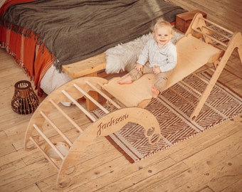 Juego de escalada Montessori de 3: Arco + Triángulo plegable + Tobogán, Muebles Montessori, Escalador para niños pequeños, Gimnasio de madera para bebés, Equipo de juego