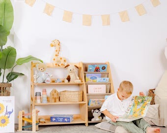 Regał Montessori Sling | Drewniany regał na książki i zabawki dla dzieci | Ekologiczne meble do pokoju dziecięcego | Półka narożna do czytania dla maluchów
