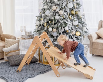 Foldable Climbing Triangle with slide, Toddler playroom, Montessori furniture, Indoor playground, First Christmas Gift, Wooden play gym