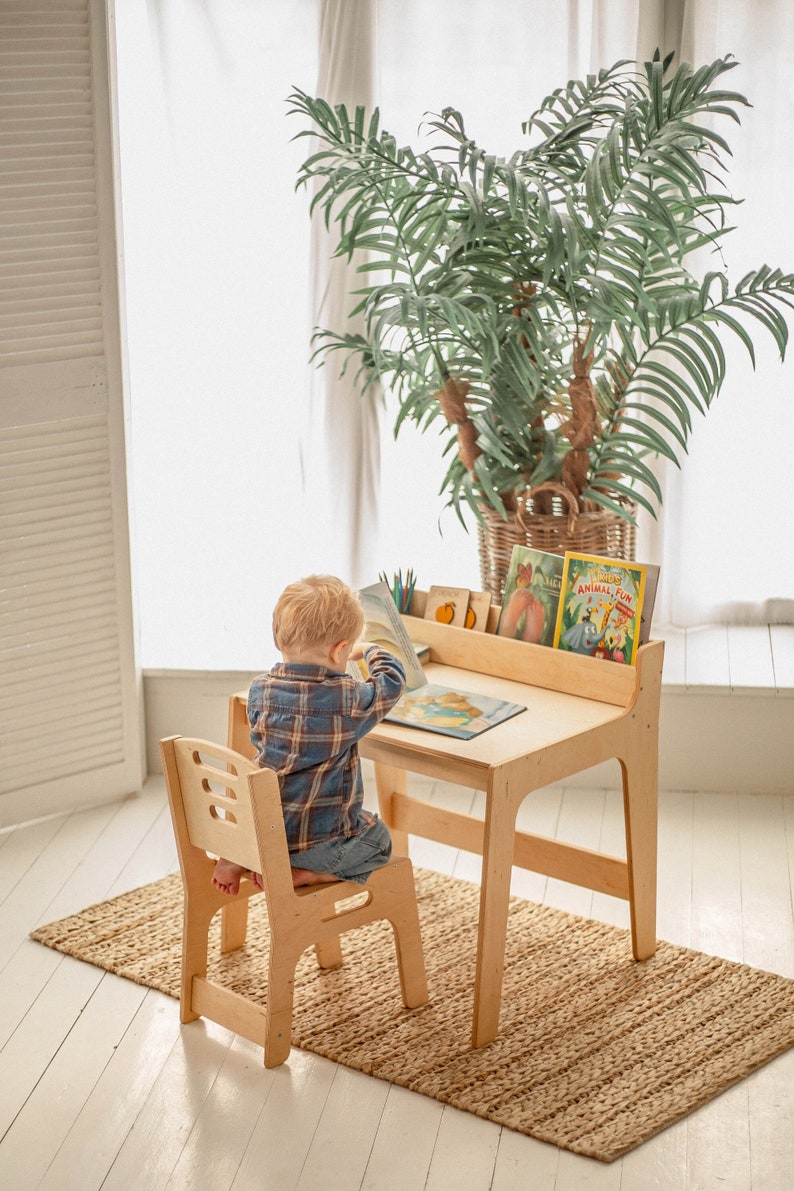 Preschool Learning Set: table with Bookshelf and chair, Activity Table for Kids, Toddler play table, Nursery Montessori furniture image 1