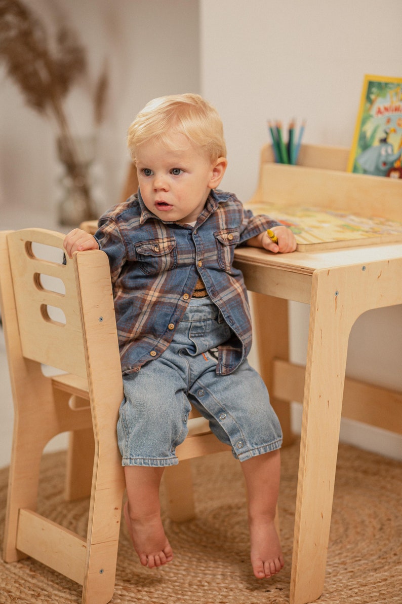 Preschool Learning Set: table with Bookshelf and chair, Activity Table for Kids, Toddler play table, Nursery Montessori furniture image 5