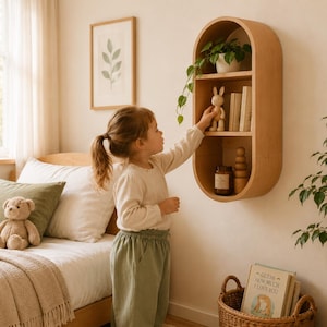 May include: A light wood, oval-shaped wall shelf with three compartments, holding a potted plant, books, and a wooden rabbit figurine. A young child reaches for the rabbit. A bed with a teddy bear and pillows is in the foreground.