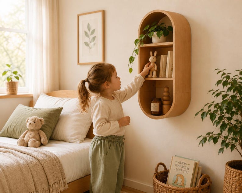 May include: A light wood, oval-shaped wall shelf with three compartments, holding a potted plant, books, and a wooden rabbit figurine. A young child reaches for the rabbit. A bed with a teddy bear and pillows is in the foreground.