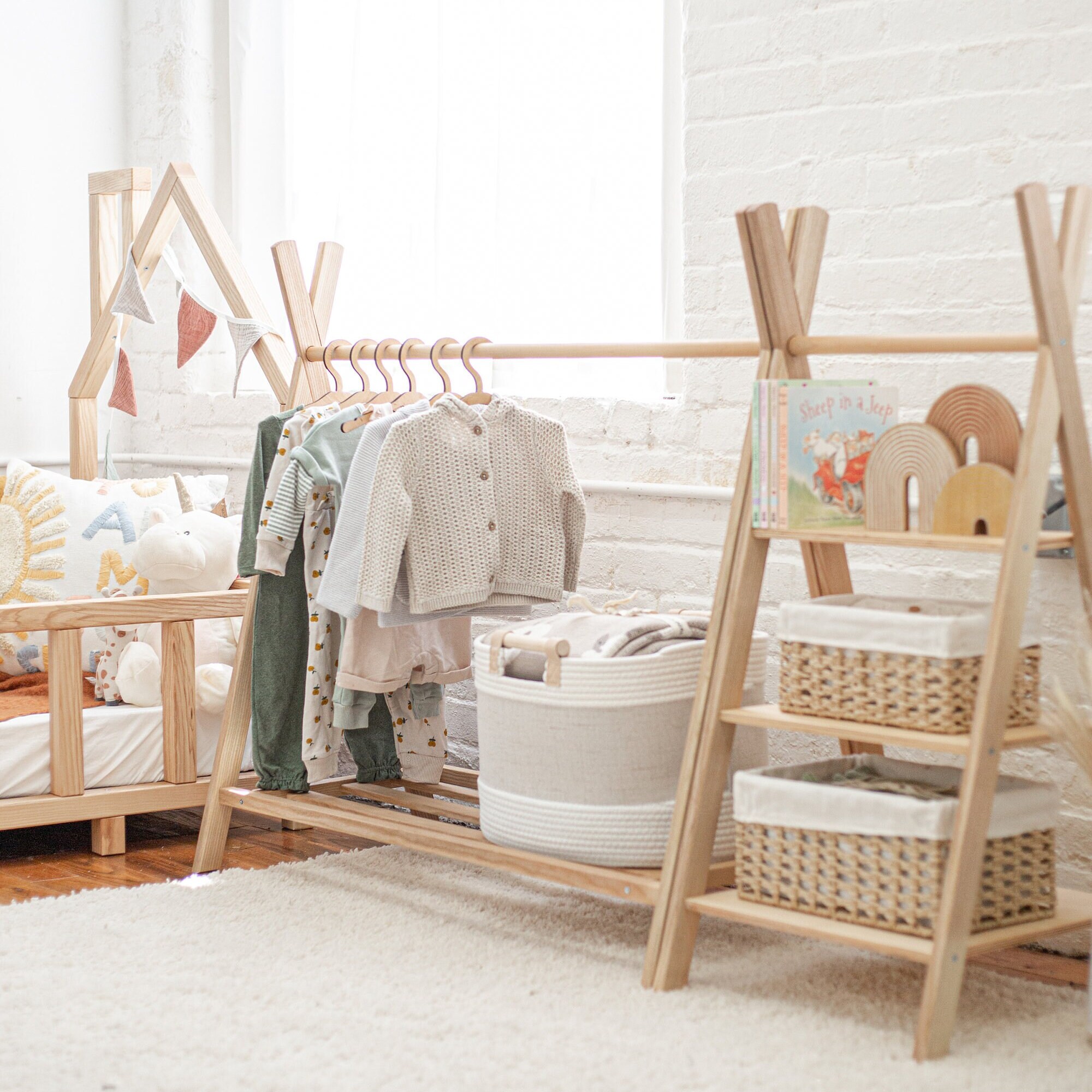 Newborn Screenung Rack Wooden Clothing Rack With Shelves and Hangers, Newborn Baby Wardrobe ...