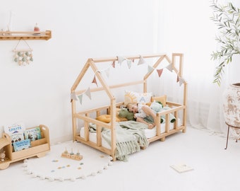 Montessori House Bed Frame with Legs and Slats, Toddler Furniture, Indoor playhouse, Nursery decor, Kid play room, Wood Platform bed