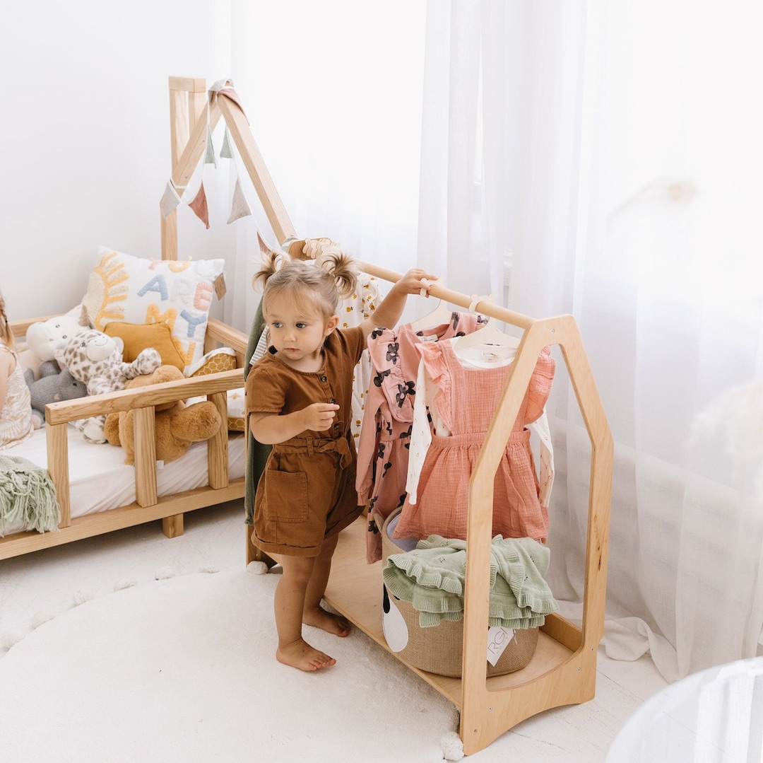 Montessori Kids Clothing Rack and Shelf, Wooden Toddler Wardrobe for ...