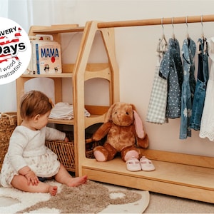 Montessori Wardrobe, Kids Clothing Rack, Wood Clothing Frame Rack Dress Up, Display  Kids Wardrobe, Baby Clothes Storage Child Size Furniture 