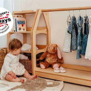 Montessori Wardrobe, Kids Clothing Rack, Wood Clothing Frame Rack Dress Up, Display  Kids Wardrobe, Baby Clothes Storage Child Size Furniture 