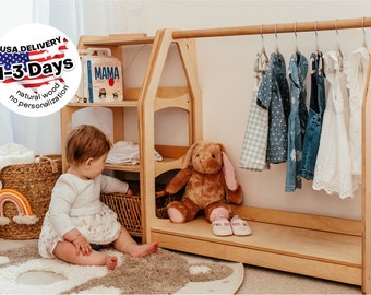 Nursery Set - Montessori clothing rack with shelf + Montessori shelf, Montessori Furniture, Dress Up Storage, Kid wardrobe,  Kindergarderobe