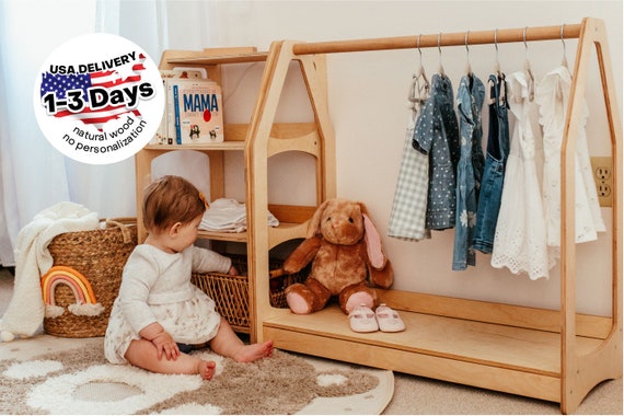 Montessori Clothing Rack With Shelf Personalized Kids -   Kids clothing  rack, Wooden clothes rack, Kids playroom furniture