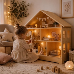 Child organizing toys independently on a Montessori dollhouse storage shelf with open accessible design