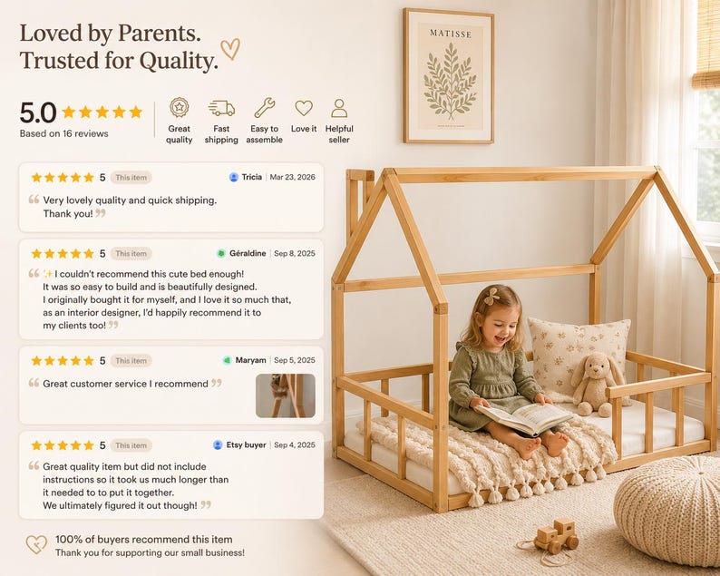 Montessori Floor House Bed Frame for Toddler Bedroom, Wooden Kids Bed image 4
