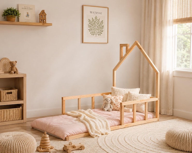 Montessori Floor House Bed Frame for Toddler Bedroom, Wooden Kids Bed image 6
