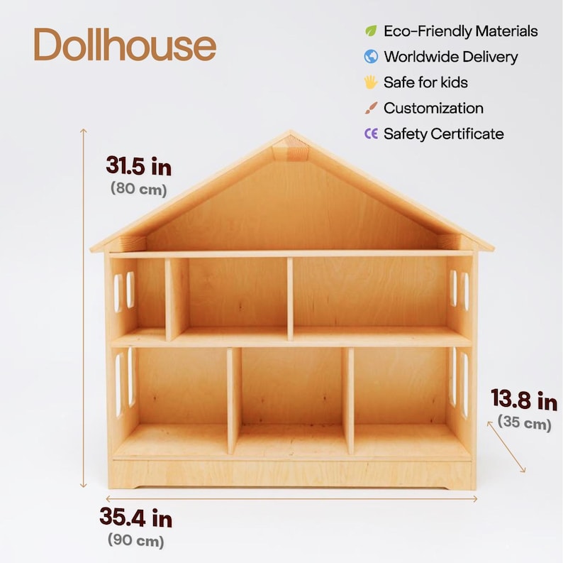 May include: A light-colored wooden dollhouse with a gabled roof, featuring two levels and six open rooms. The structure measures 31.5 inches in height, 35.4 inches in width, and 13.8 inches in depth. The text Dollhouse is visible at the top left.