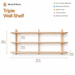 May include: A light-colored wooden triple wall shelf with three horizontal tiers. The shelf measures 46.1 inches wide, 20.9 inches high, and 5.9 inches deep, with 7.5 inches of vertical space between each of the three shelves.