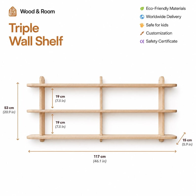May include: A light-colored wooden triple wall shelf with three horizontal tiers. The shelf measures 46.1 inches wide, 20.9 inches high, and 5.9 inches deep, with 7.5 inches of vertical space between each of the three shelves.