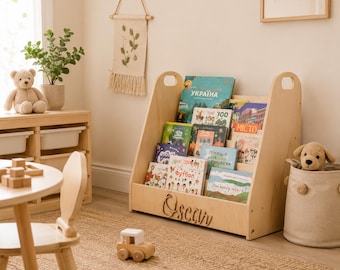 Montessori bokhylla för småbarn, Stor modern bokhylla, Barnrumshylla Bokställ Montessorimöbler