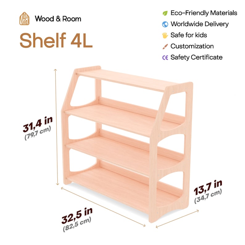May include: A light-colored wooden shelf with three tiers. The shelf is 31.4 inches (79.7 cm) tall, 32.5 inches (82.5 cm) wide, and 13.7 inches (34.7 cm) deep. The text "Wood & Room" and "Shelf 4L" are visible. The shelf is made of eco-friendly materials and is safe for kids.