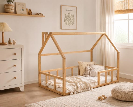 Montessori Floor House Bed Frame for Toddler Bedroom, Wooden Kids Bed