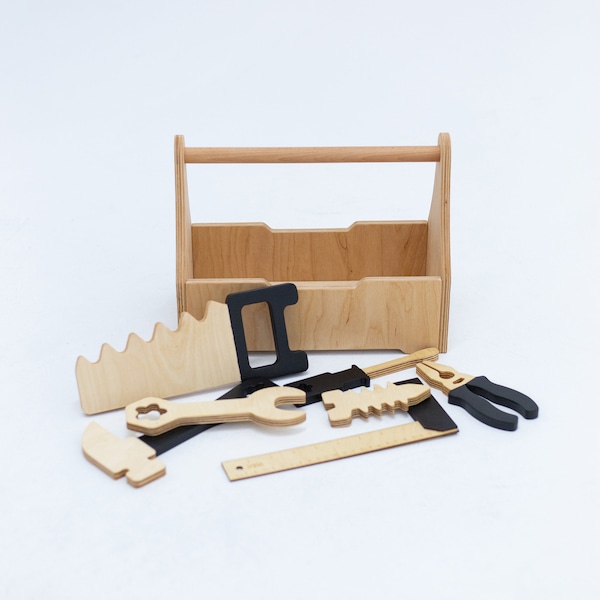 Spielwerkzeugkasten-Set mit Werkzeugen - Weihnachtsgeschenk für Kleinkindjungen, Montessori-Holzspielzeug, Spielzeugaufbewahrung, erster Geburtstagsenkel, Werkzeug für Jungen