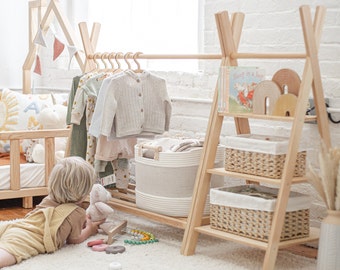 Kleiderbügel aus Holz mit Regalen und Kleiderbügeln, Neugeborenen-Kleiderbügel, Tipis für Kinder, Montessori-Möbel, Kinderzimmer-Kleiderbügel