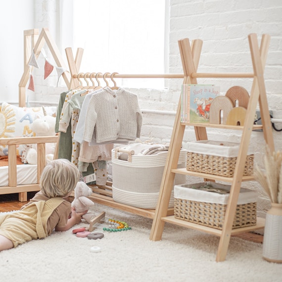 Wooden Clothing Rack With Shelves and Hangers Newborn Baby 