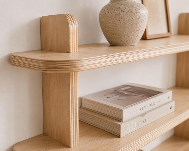 Close-up of rounded edges, layered birch plywood, natural wood grain, and handcrafted joinery.