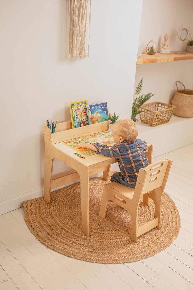 Desk and chair set for toddler, Montessori table with bookshelf, Kids board game table, Desk with drawer, Minimalist furniture, image 3