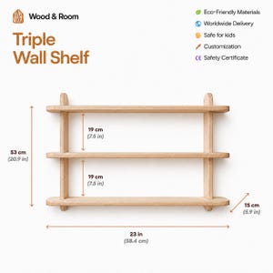 May include: A light-colored wooden triple wall shelf with three horizontal tiers. The unit measures 20.9 inches in total height, 23 inches in width, and 5.9 inches in depth, with 7.5 inches of vertical space between each of the three shelves.