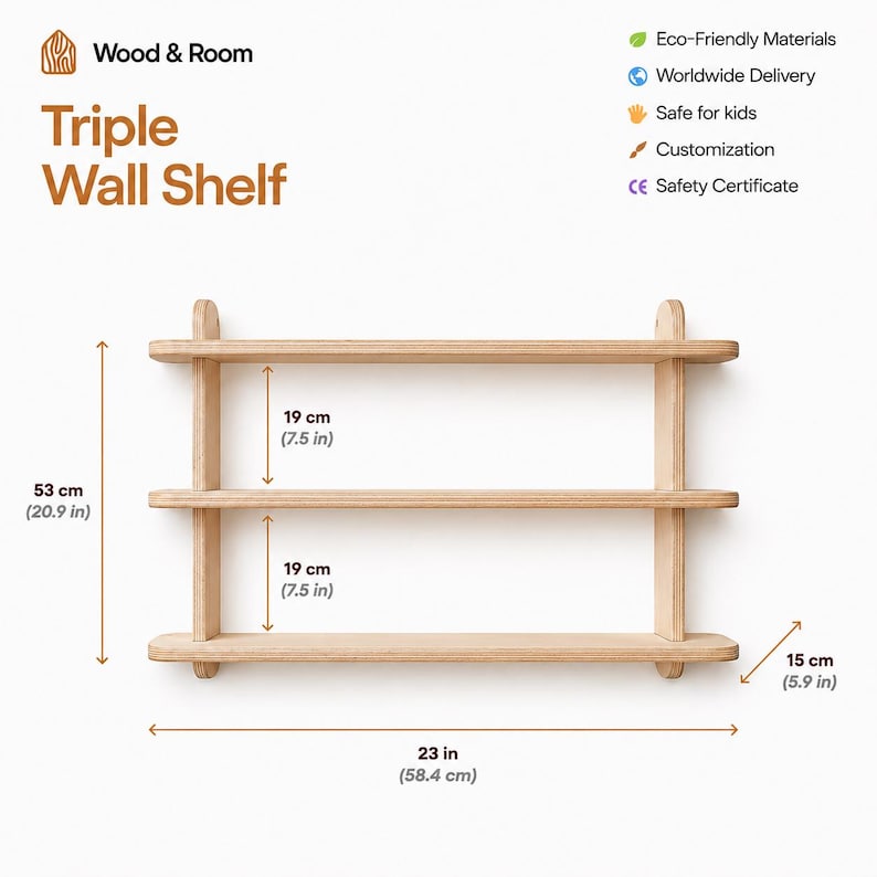 May include: A light-colored wooden triple wall shelf with three horizontal tiers. The unit measures 20.9 inches in total height, 23 inches in width, and 5.9 inches in depth, with 7.5 inches of vertical space between each of the three shelves.